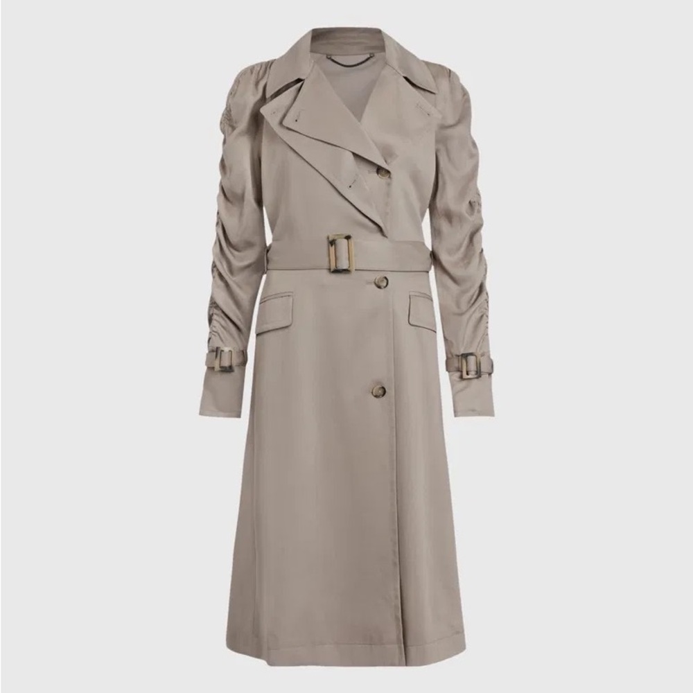 All Saints Tan Trench Cecil Coat with Belted Waist and Notched Lapels